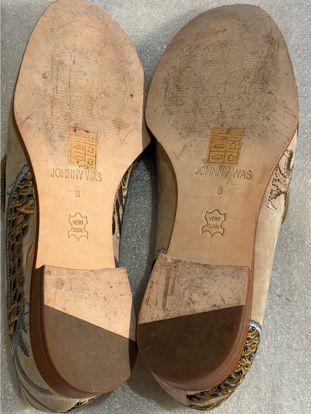 Johnny Was Taupe Suede Loafers with Gold & Gray Embroidery - Picture 6 of 8